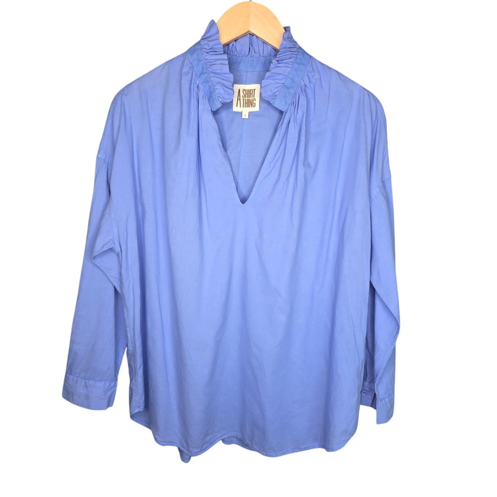 A Shirt Thing JOSEPHINE CABO TOP LAGOON Women S Cotton Poplin V-Neck Long Sleeve